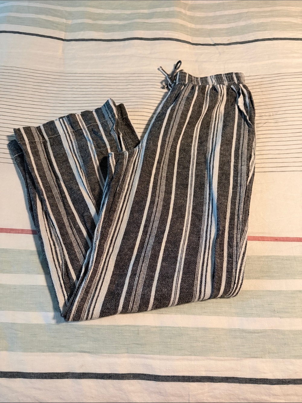 Ladies Black and White Striped Drawstring summer weight Pants
